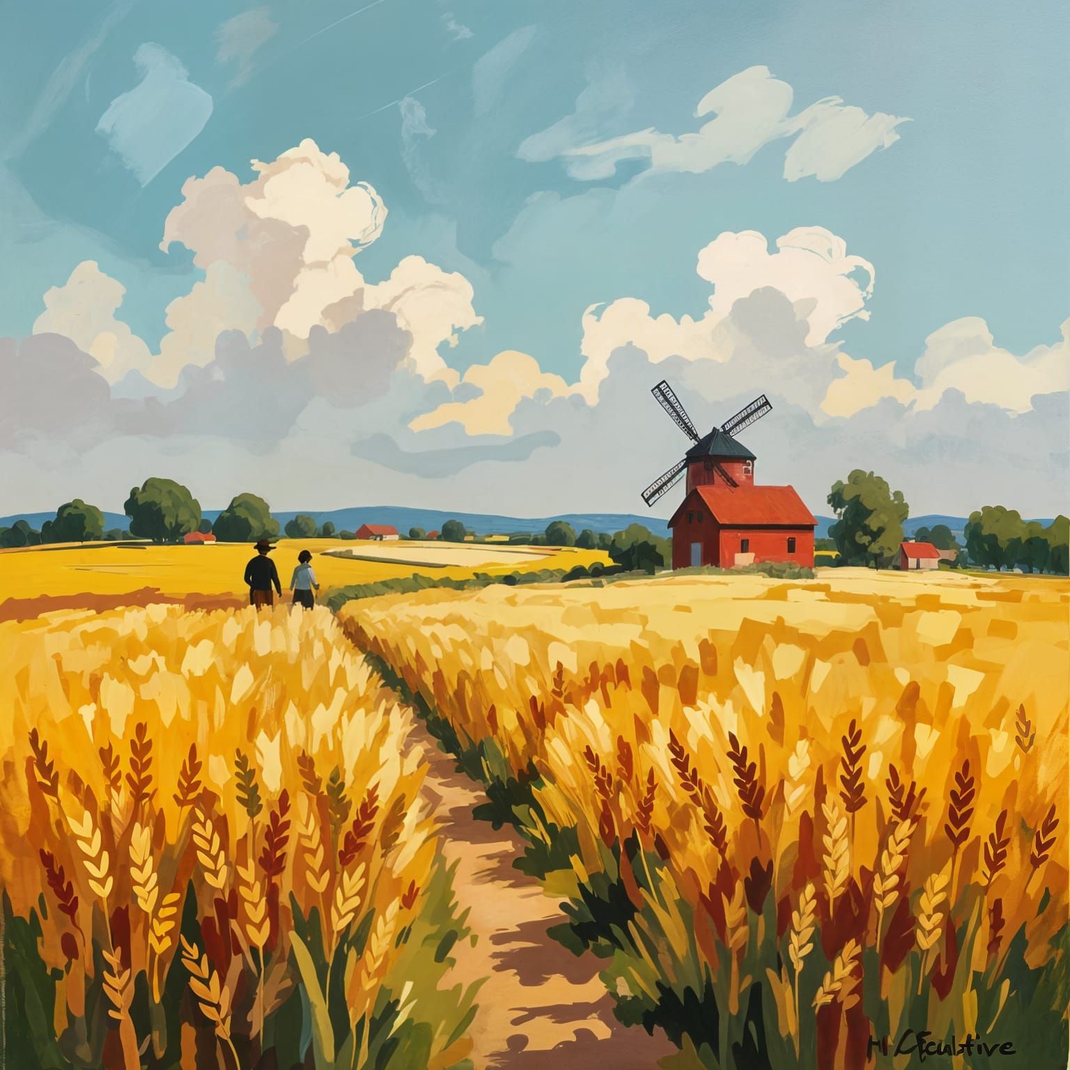 Vivid Wheat Field Path with Textured Sky