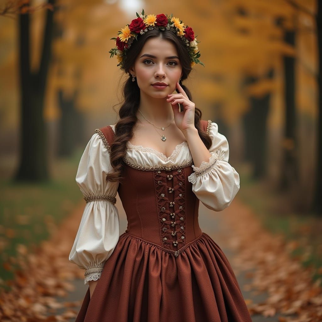 Gentlewoman in 18th Century Attire Amidst Autumnal Hues