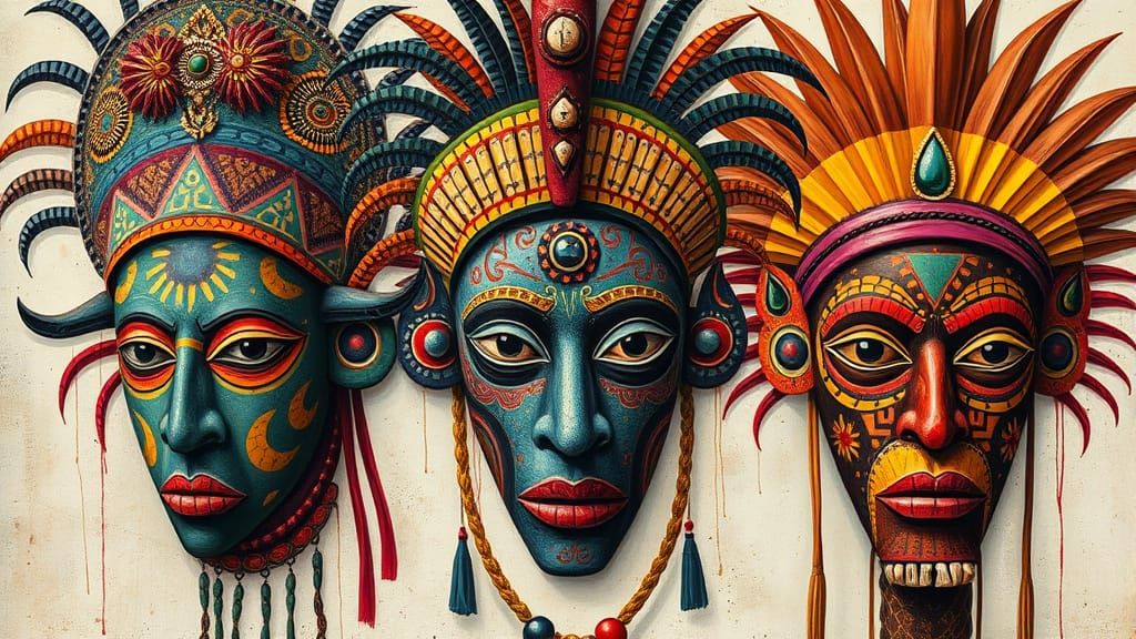 Vibrant African Masks in Mixed Media Style
