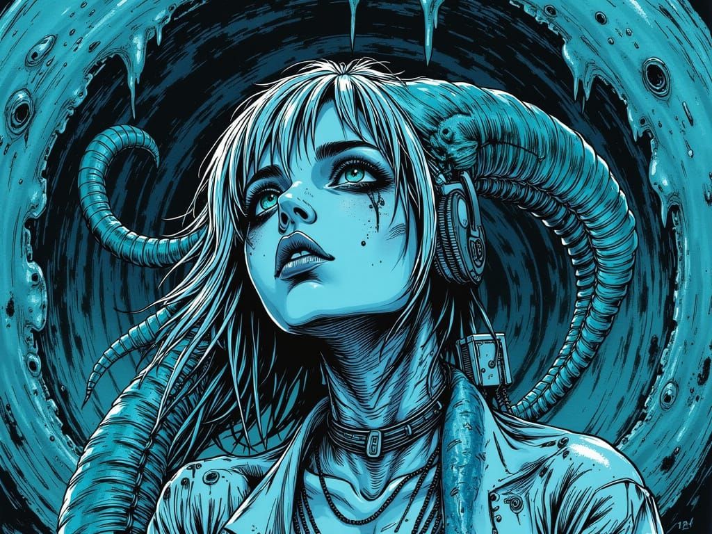 Grotesque Mermaid Fusion in Junji Ito Style