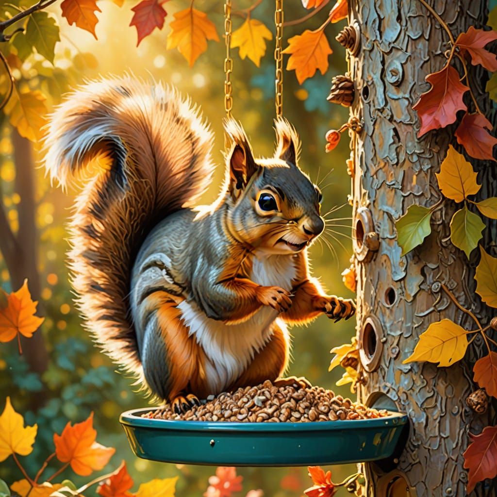 Squirrel Climbs Bird Feeder in Vibrant Oil Painting
