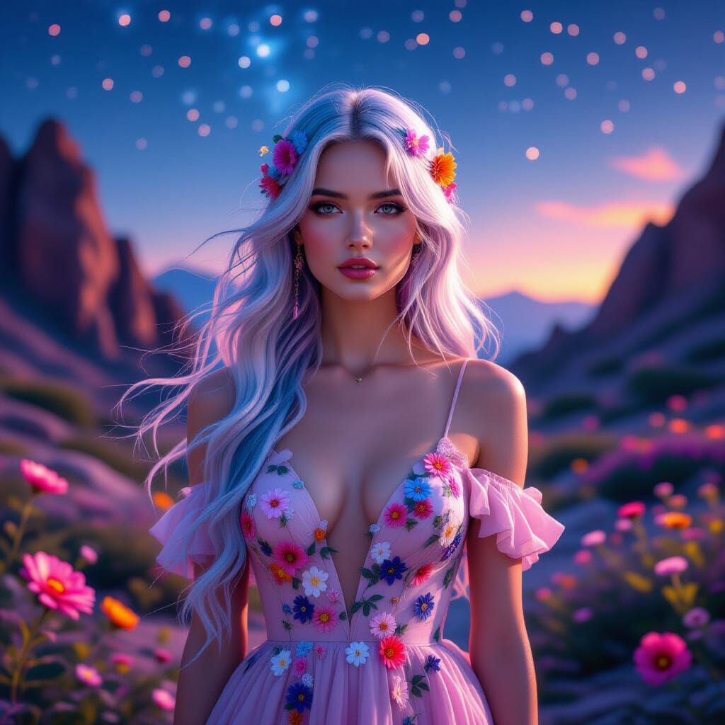 Ethereal Woman with Multicolored Hair in Mystical Landscape