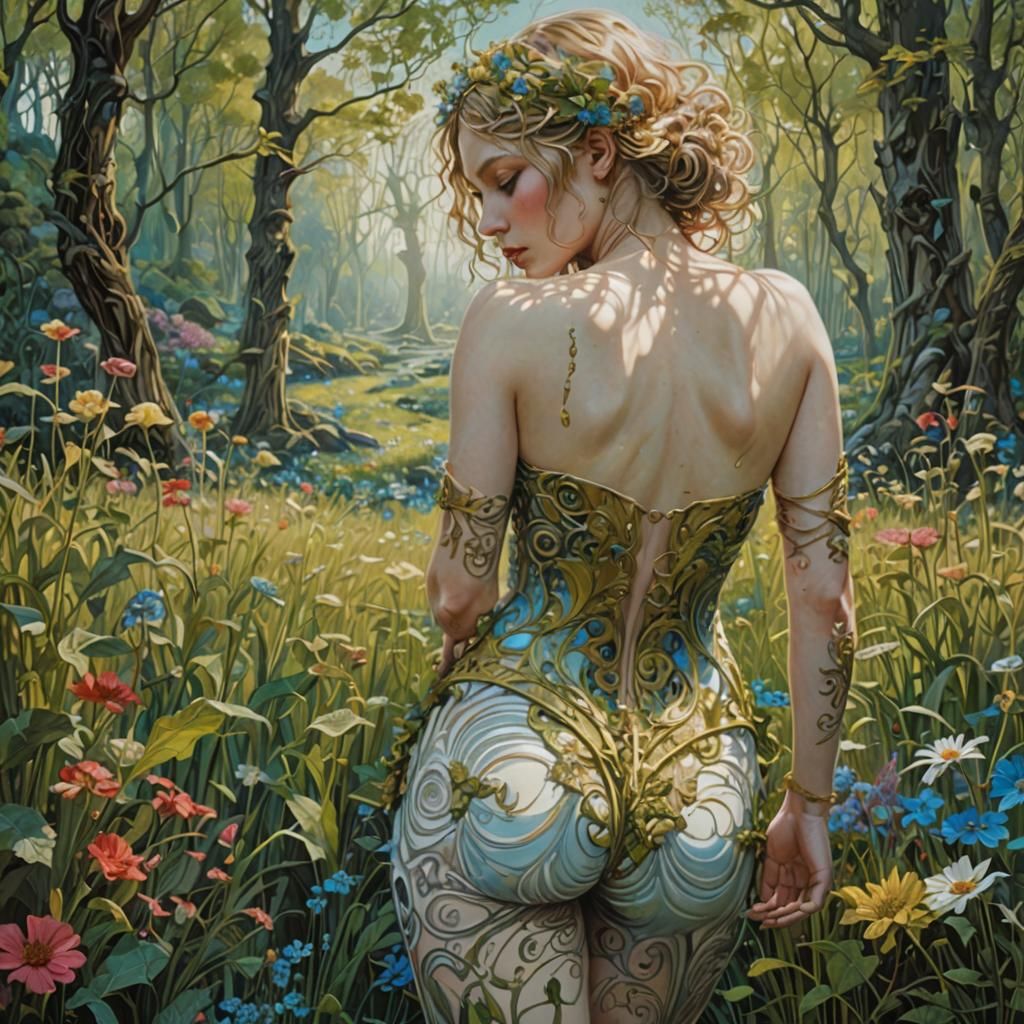 Aphrodite in Psychedelic Meadow: Ethereal Portrait