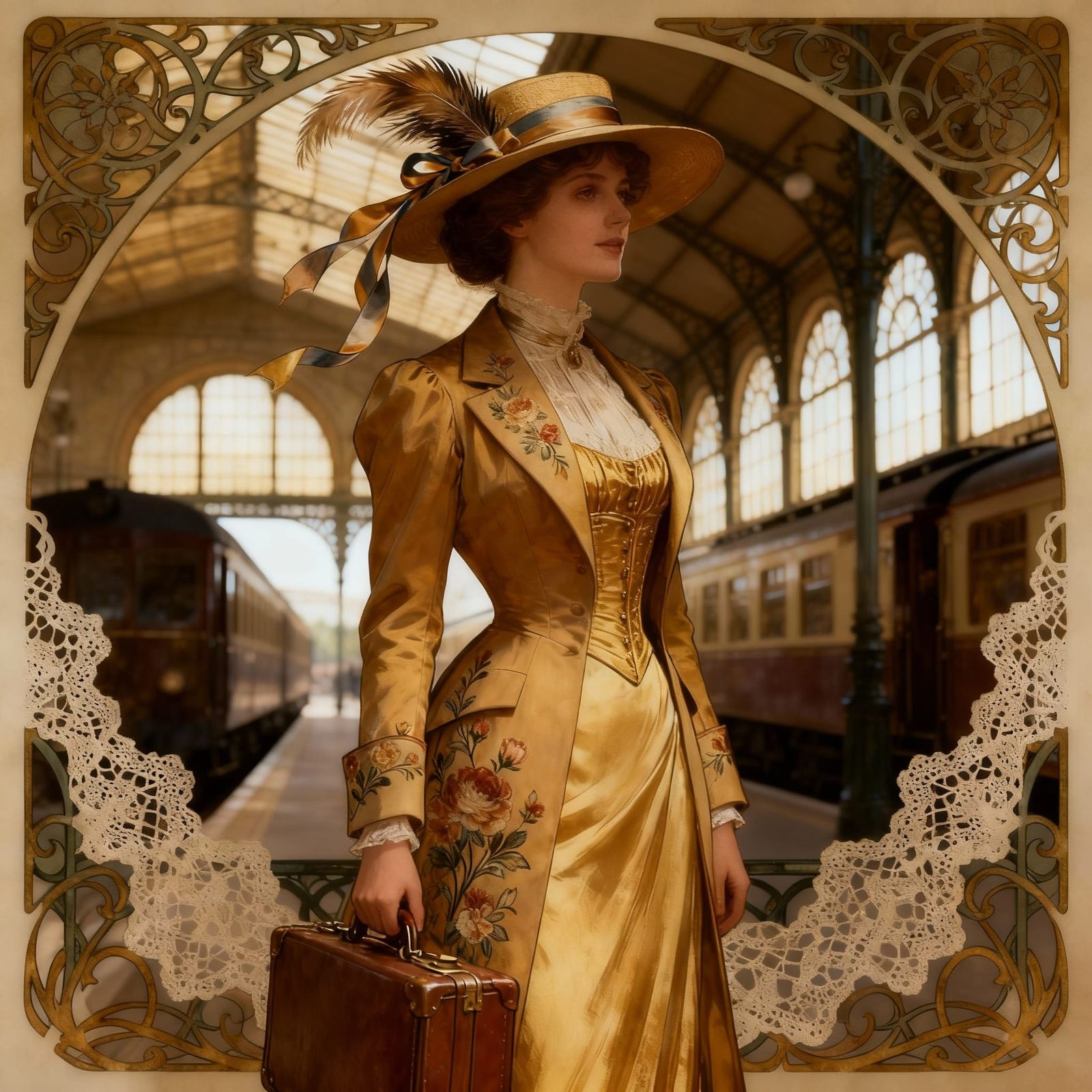 Art Nouveau Belle Époque Woman in Travel Costume