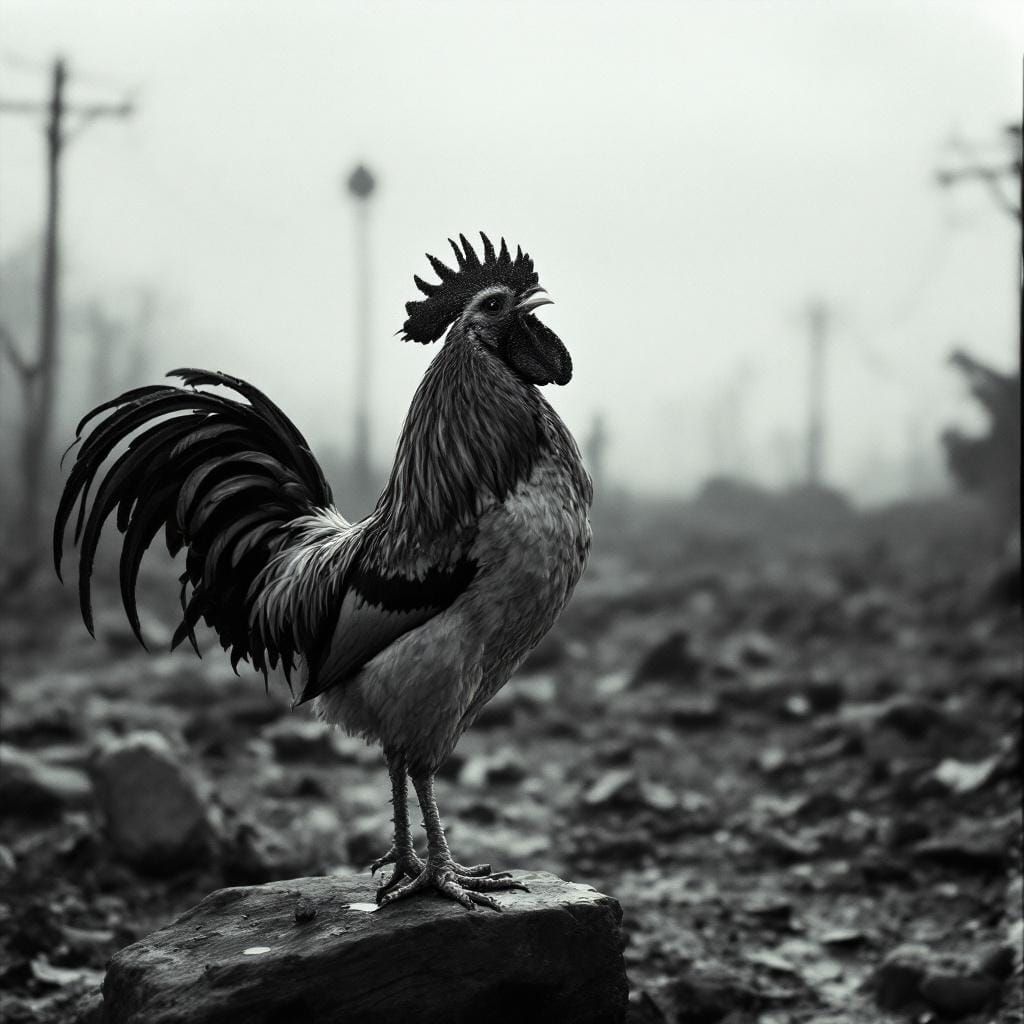 Post-Apocalyptic Rooster Crowing in Desolate Landscape