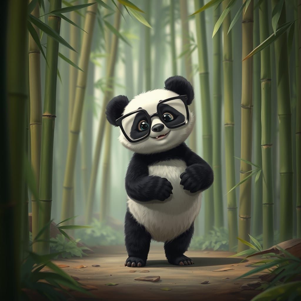 Cute Baby Panda in Glasses Surrounded by Bamboo Forest