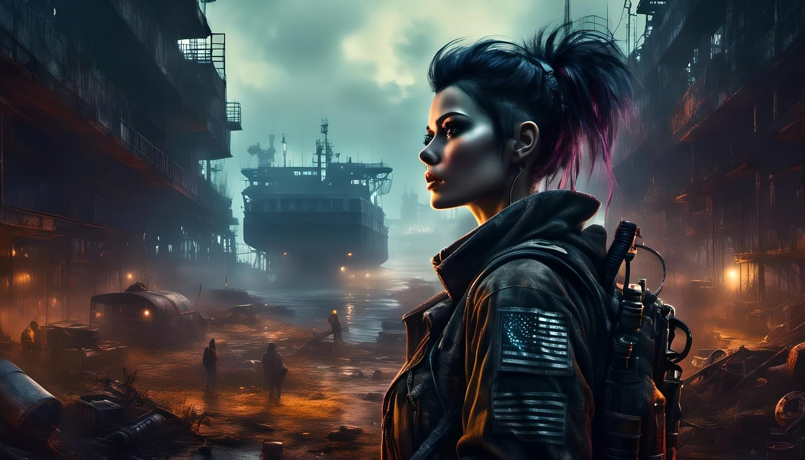 Cyborg in Eerie Trashpunk Wasteland at Night