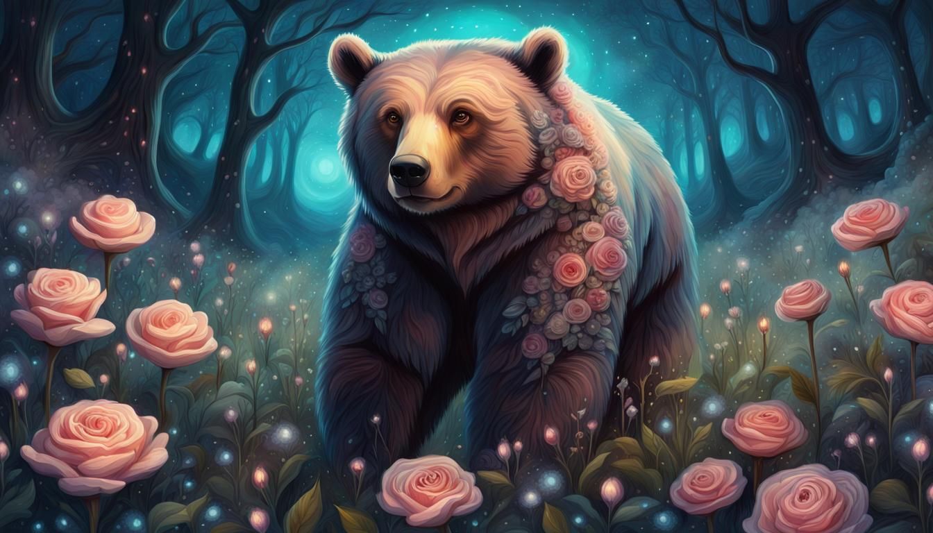Fantasy Bear in Moonlit Rose Flower Forest