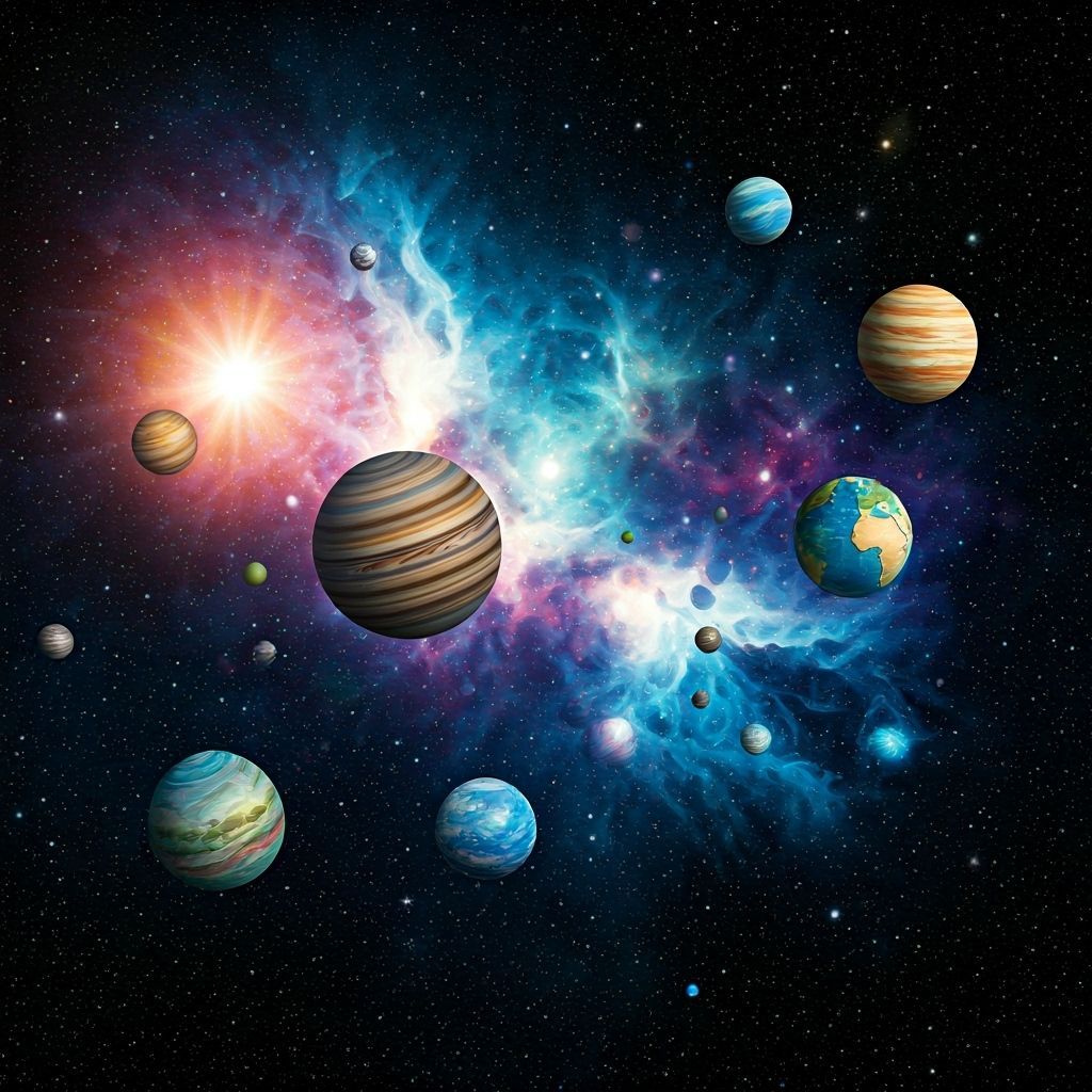 Colorful Origami Nebula with Diverse Planets