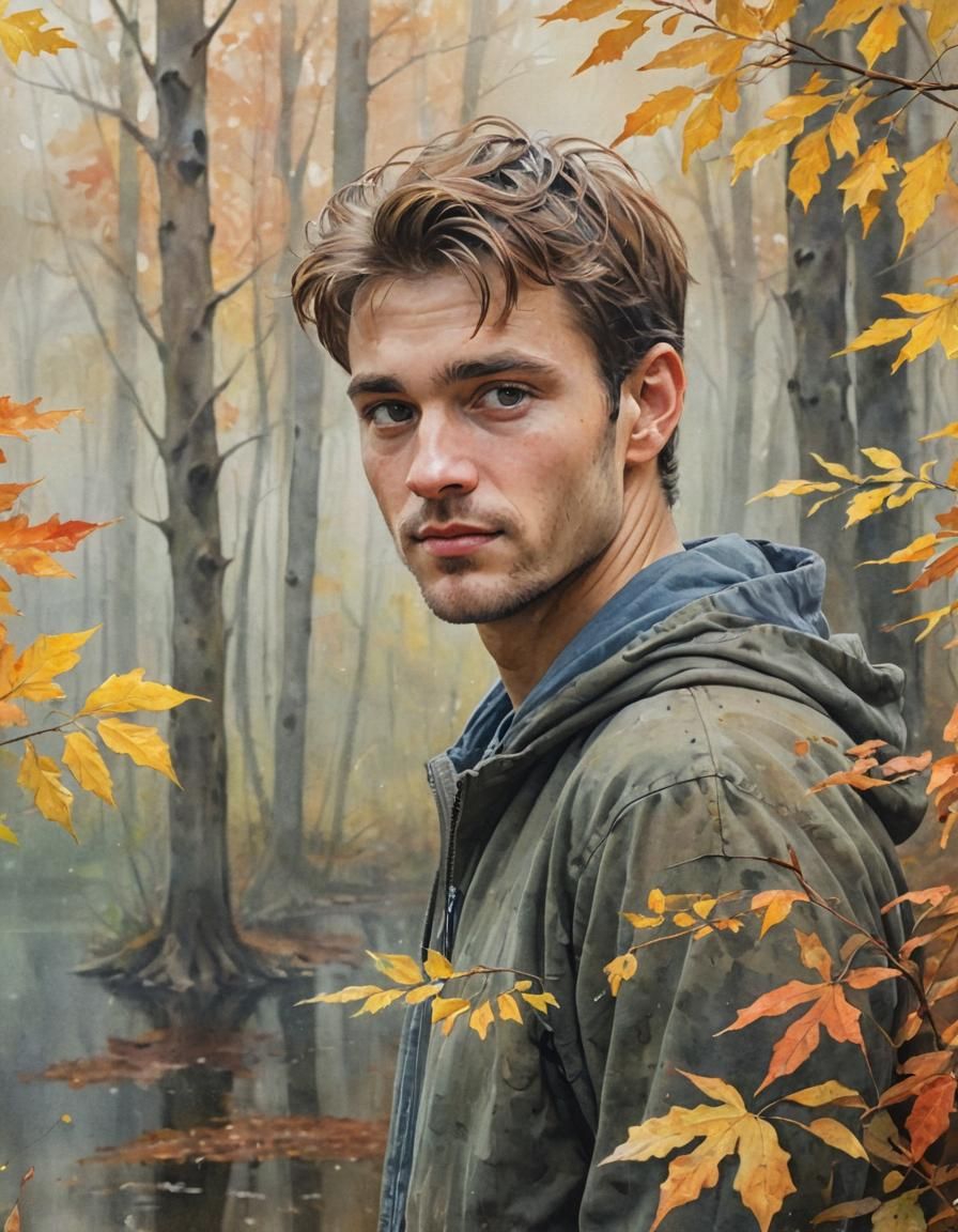Man in Autumn Forest: Watercolor Painting