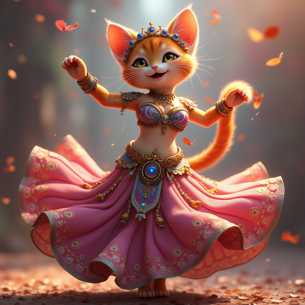 Joyful Cat Girl Belly Dancer in Anime Style