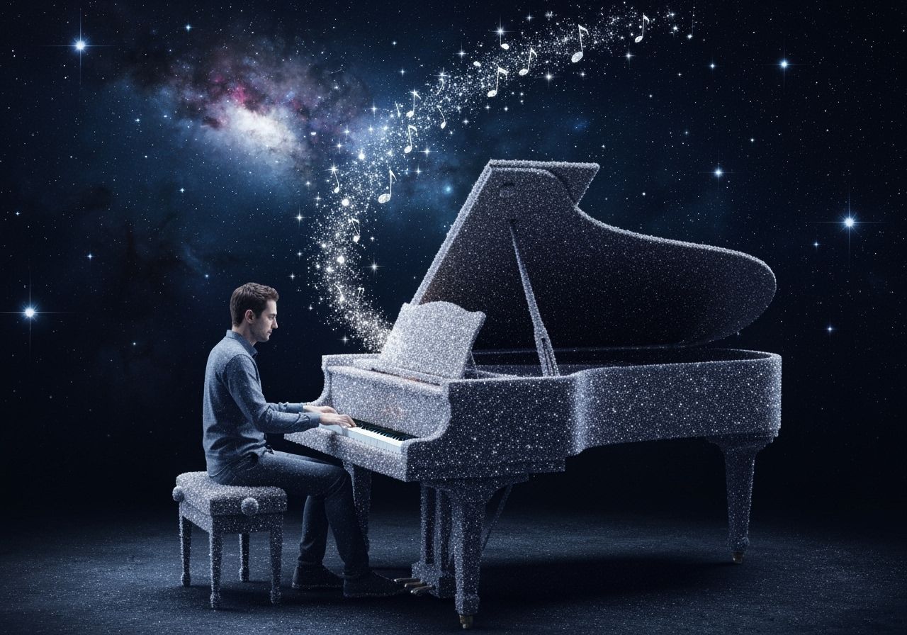 Man Plays Magic Piano Under Starry Night Sky