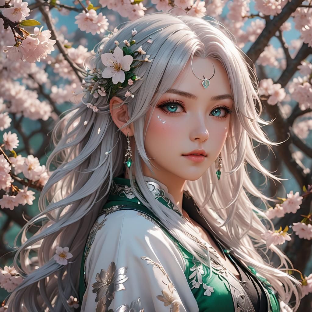 Intricate Anime Girl with Flowing Silver Hair