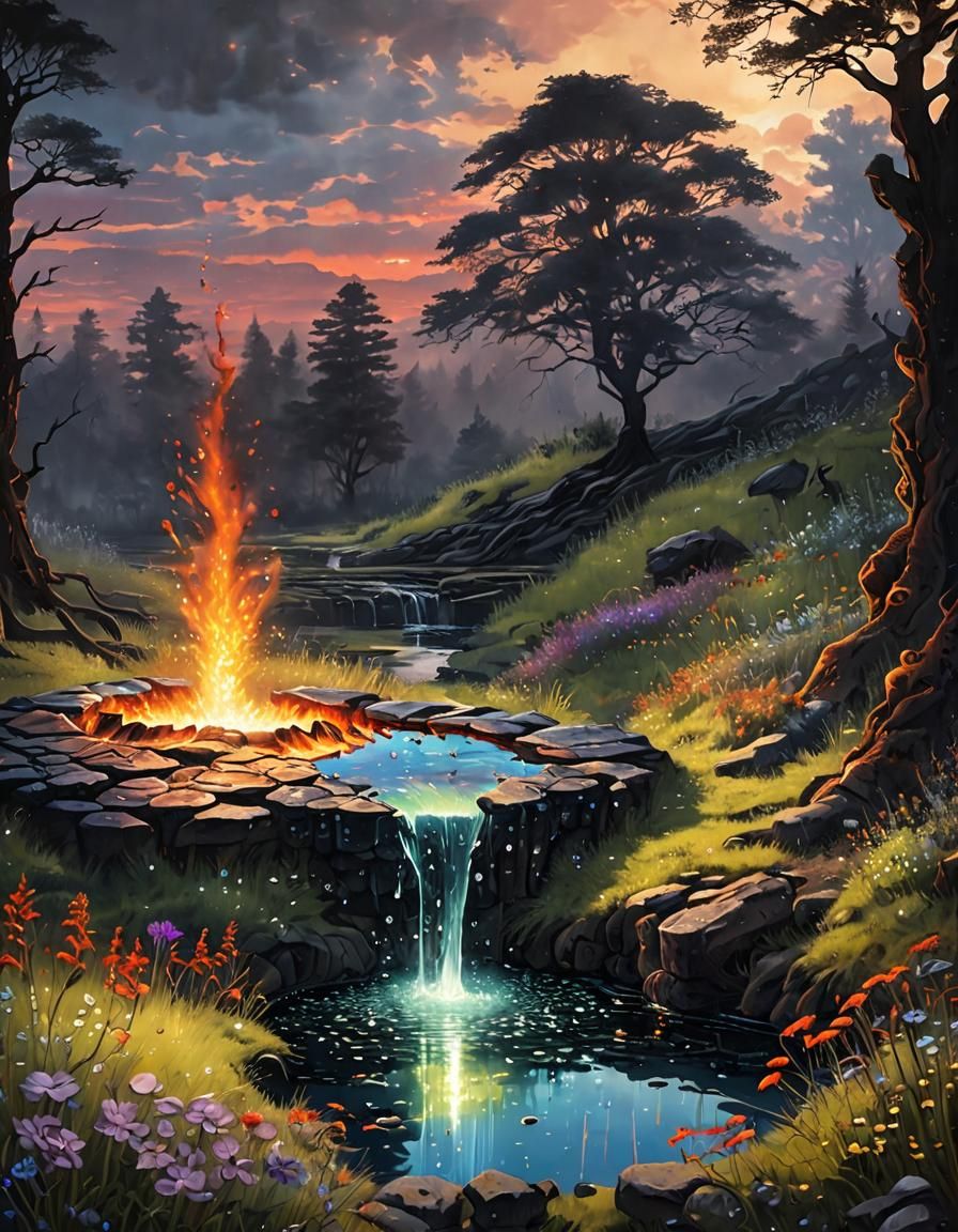 Volcanic Oil Painting with Ancient Well and Dew Drops