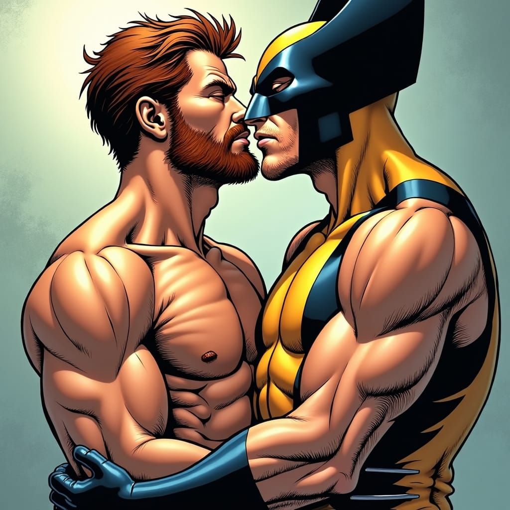 Shirtless Superheroes Share Tender Kiss in Comic Book Style