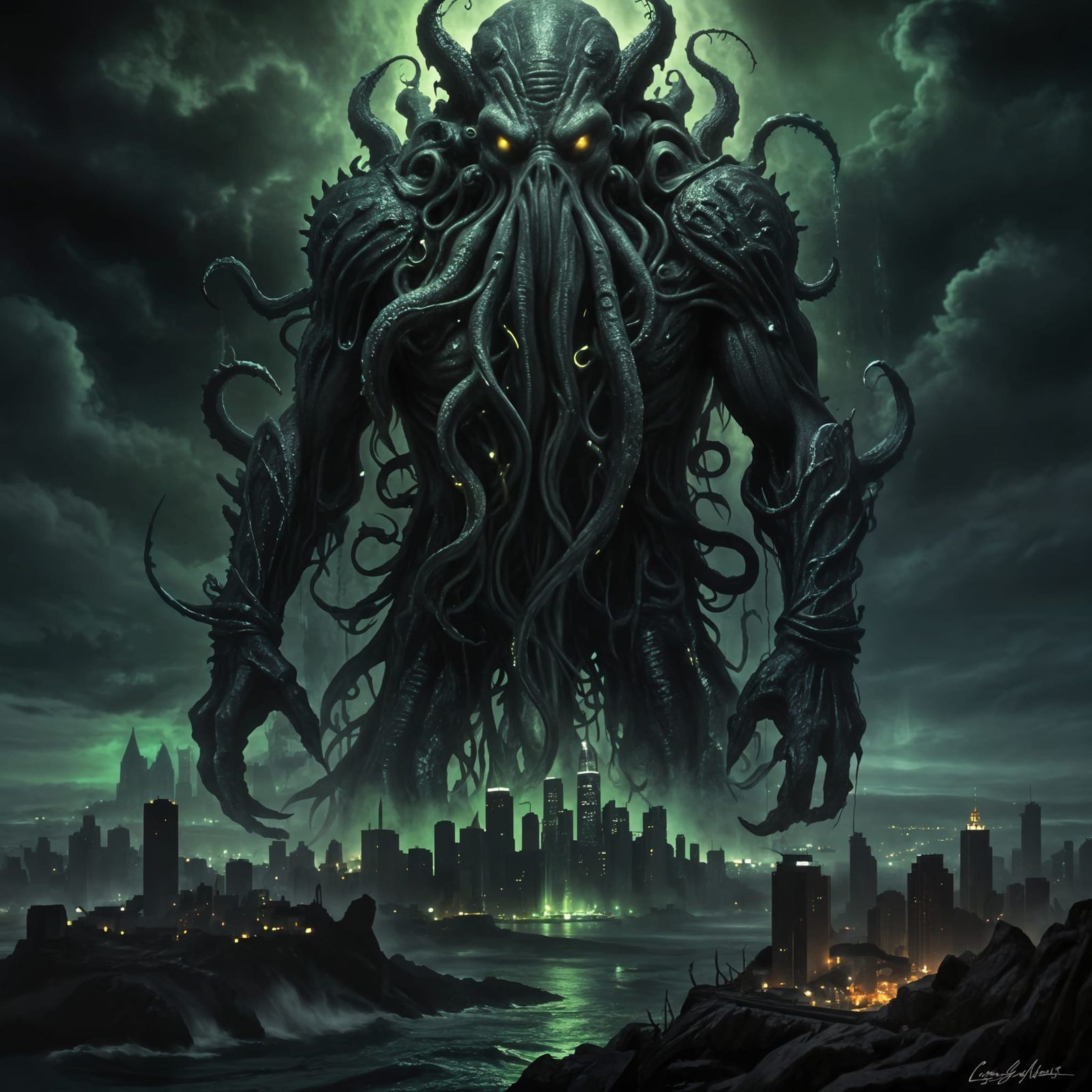 Elder God Cthulhu in Dark, Gloomy Cityscape
