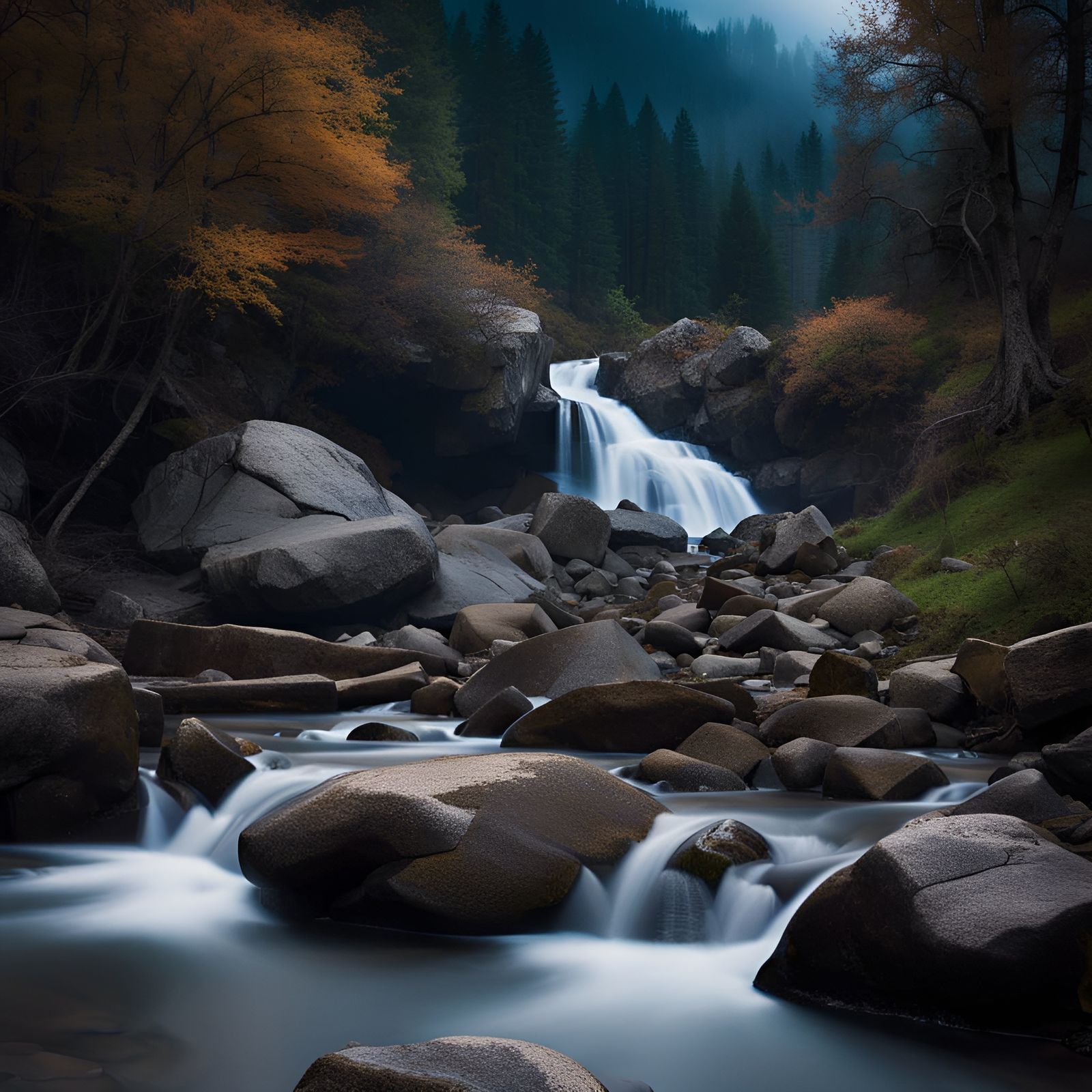 Moonlit Waterfall Cascading Down Rocky Mountain