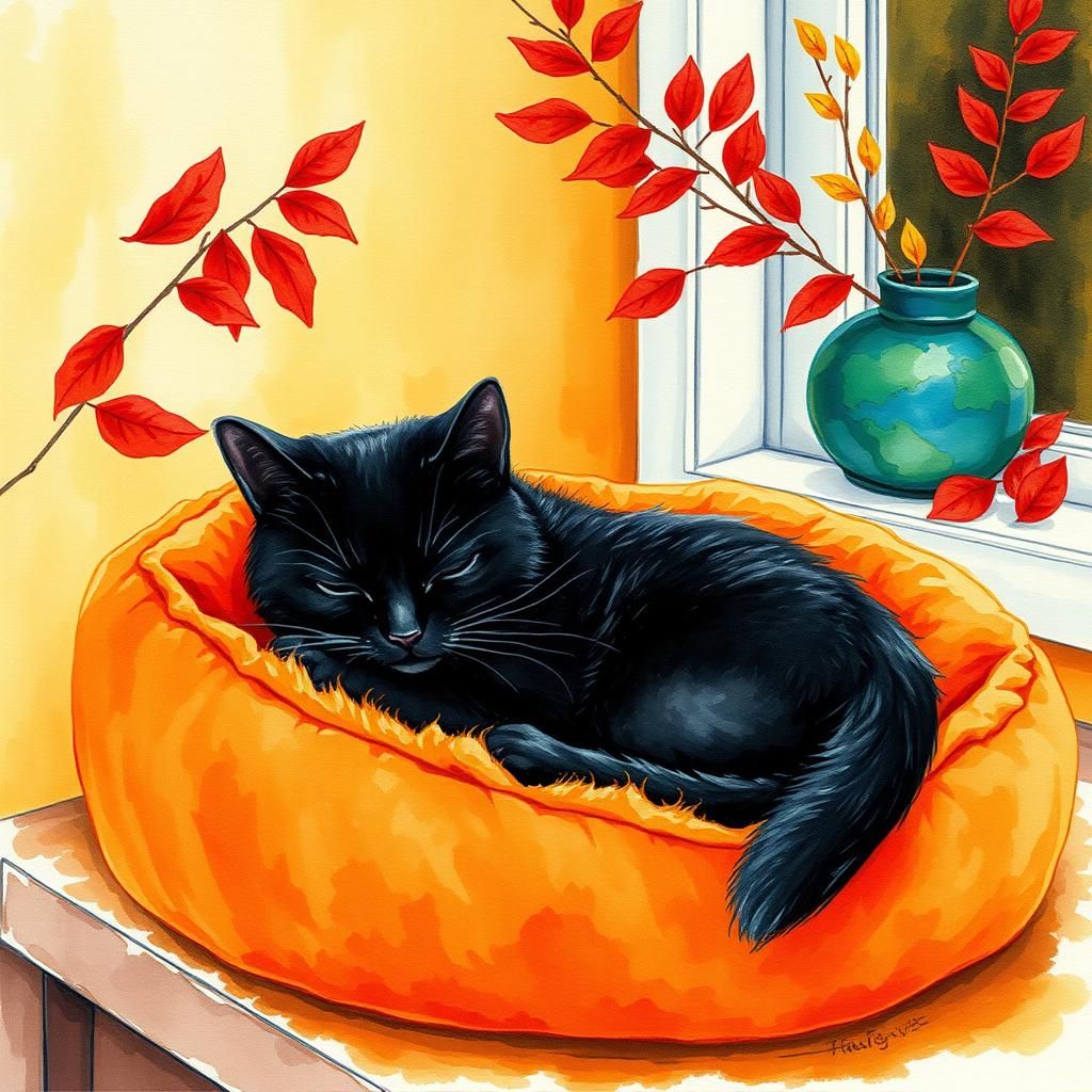 Serene Black Cat Napping as Watercolor Painting