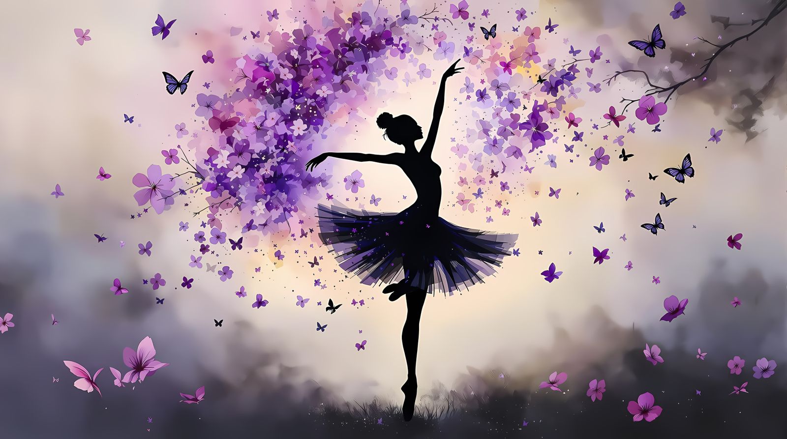 Dancer Amidst Vibrant Purple Blooms in Ethereal Watercolor