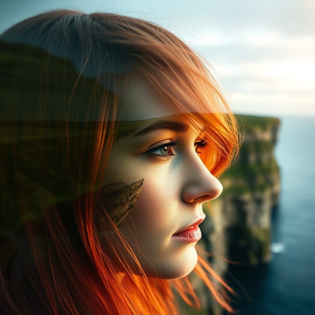 Ethereal Double Exposure: Redhead and Irish Cliffside