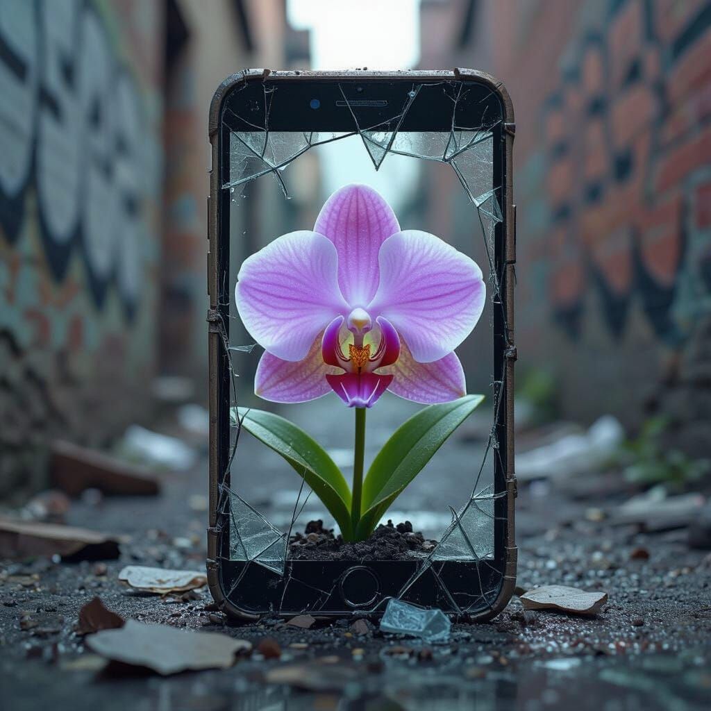 Orchid Emerges from Broken Phone, Hyperrealistic Art