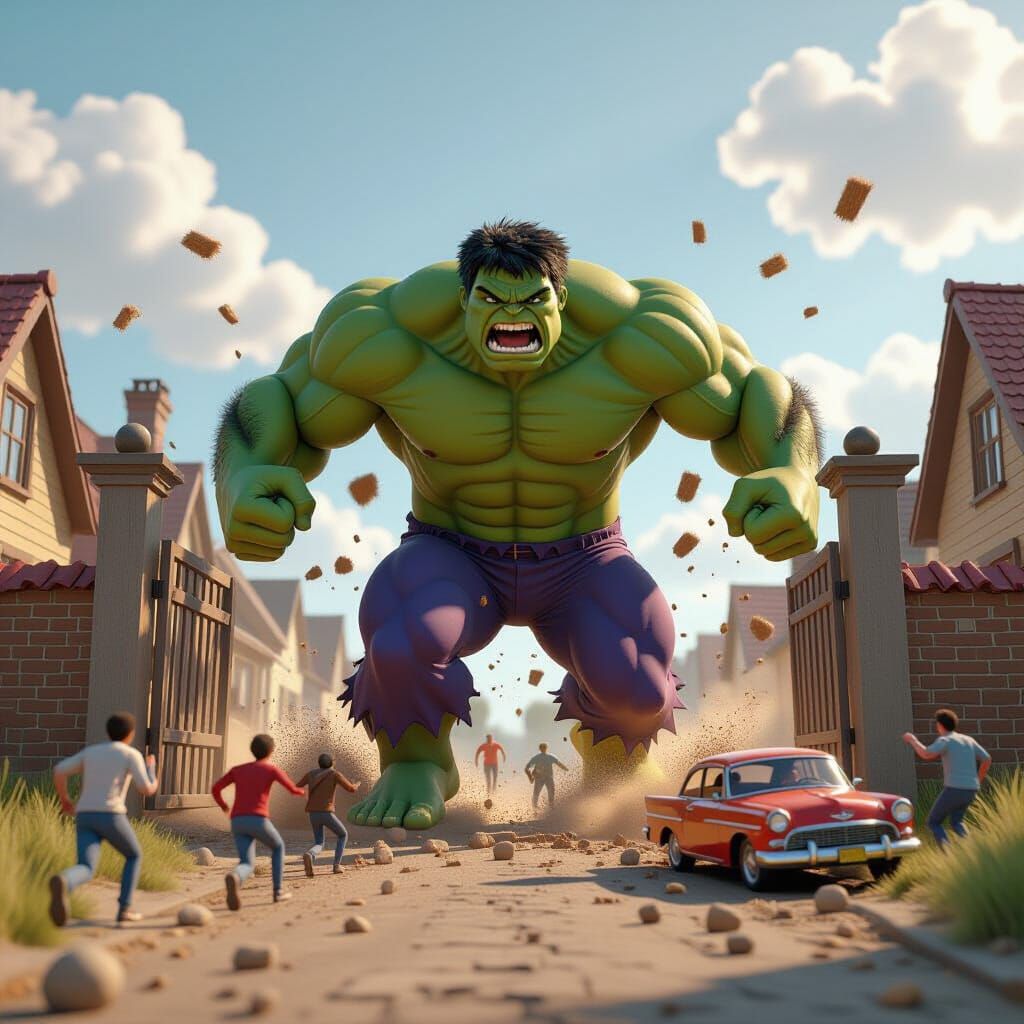 Giant Purple Hulk Smashes Village Gate in 3D Cartoon Style