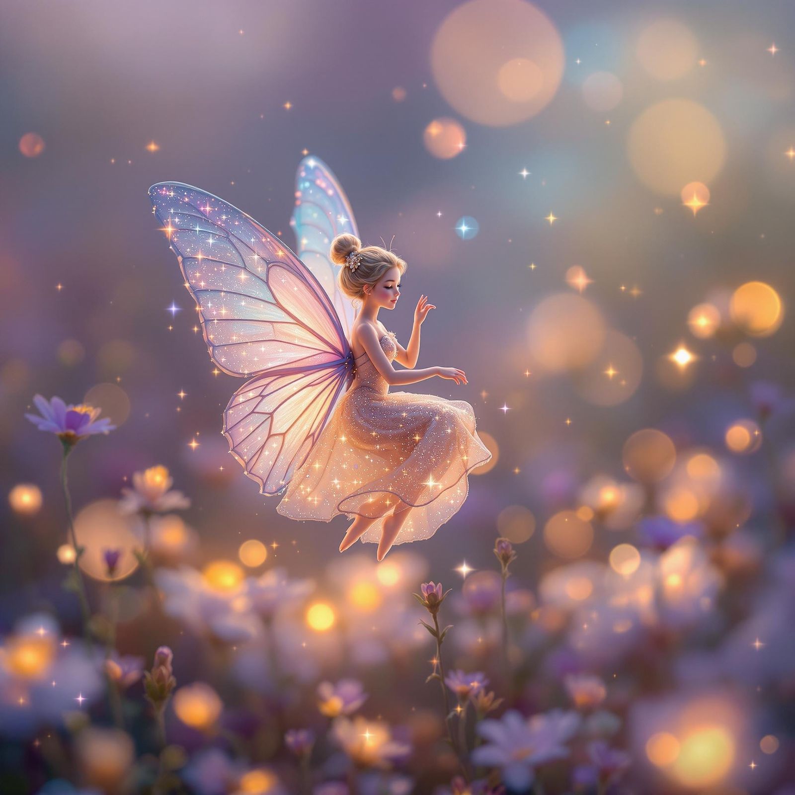 Sparkling Fairy Riding Butterfly in Twilight Field