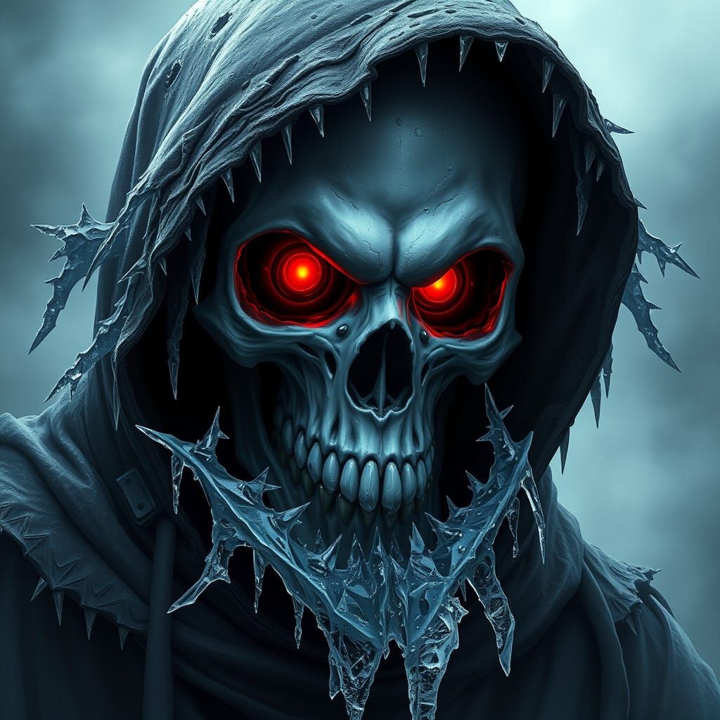 Dark Gothic Vision of Frozen Skull with Glowing Red Eyes