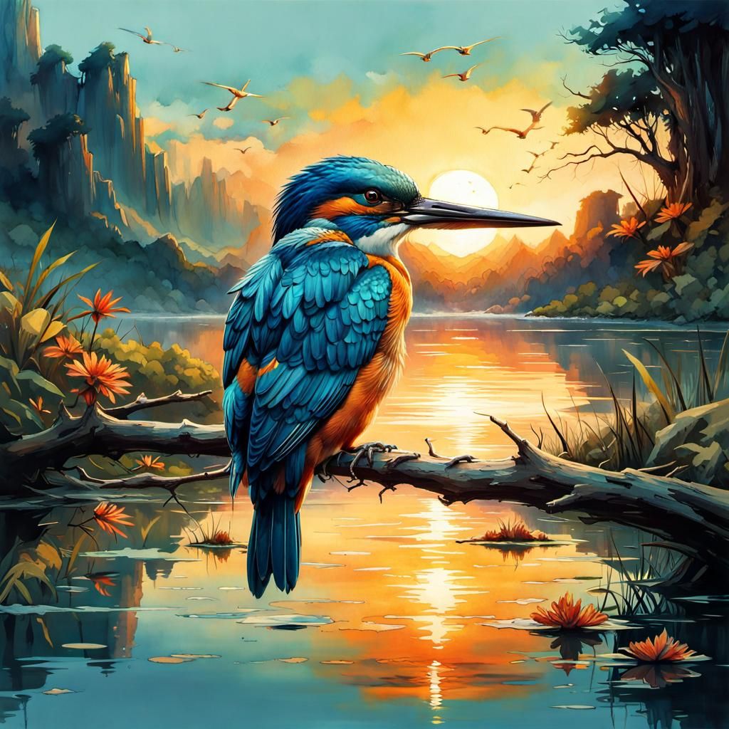 Kingfisher Reflected in Sunset Lake: Watercolor Art