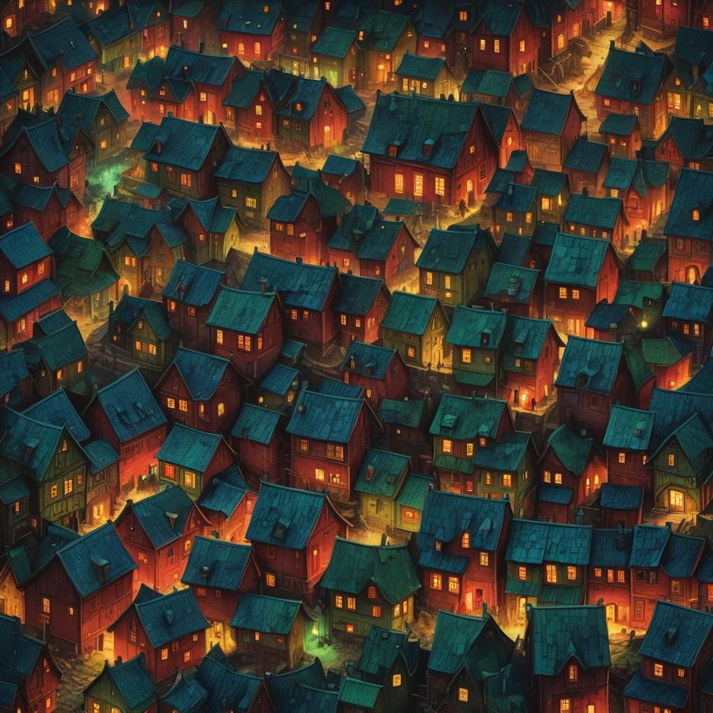 Mystical Village Illuminated in Dark Fantasy Style