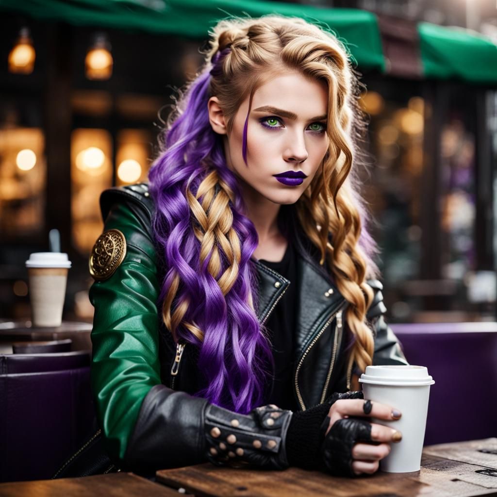 Viking Valkyrie with Purple Hair in Café