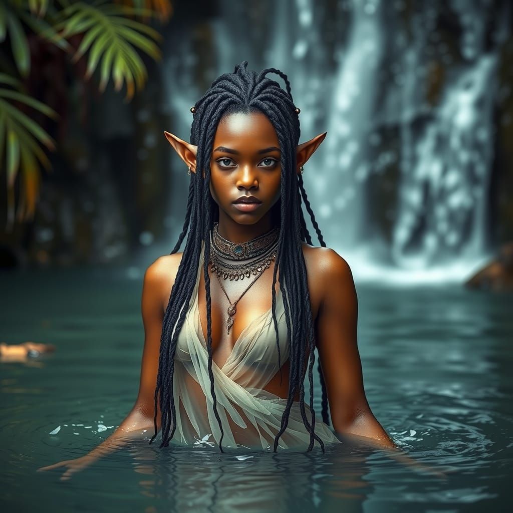Whimsical Elf Woman Emerges From Waterfall Pool