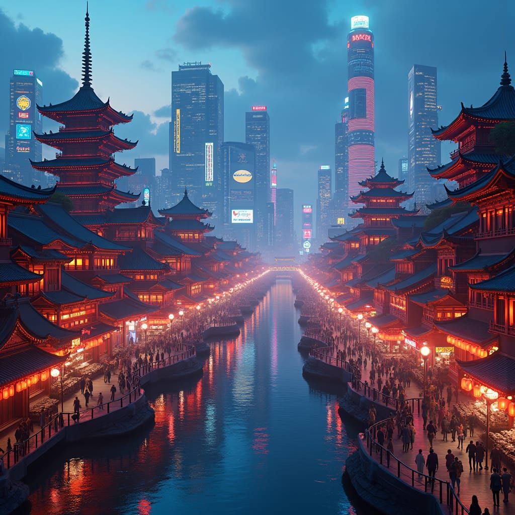 Futuristic Metropolis Blending Japanese and Chinese Elements
