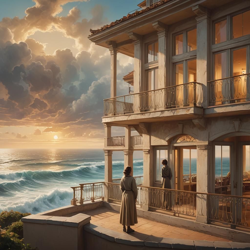 Balinese House with Ocean View in Oil Painting Style