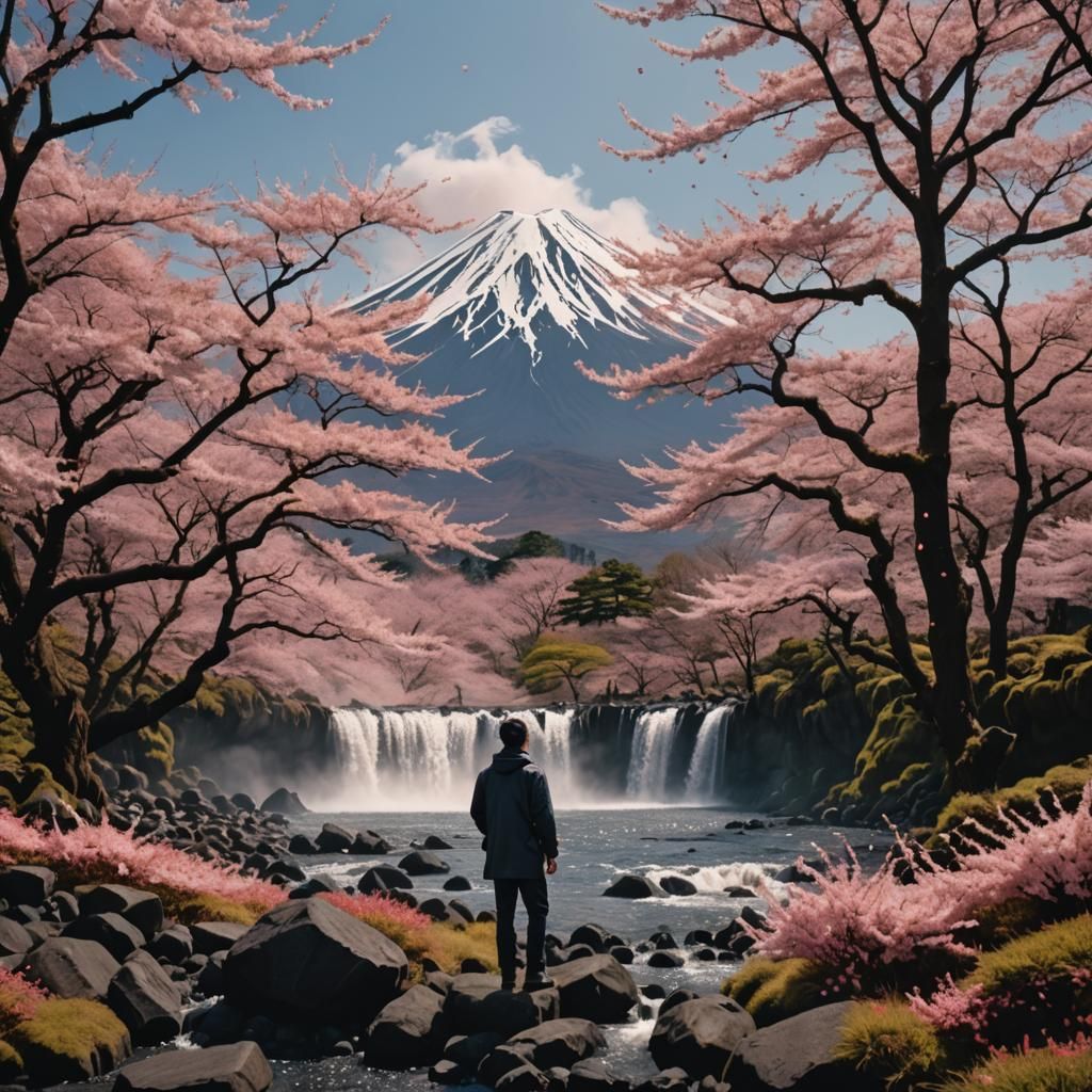 Epic Volcanic Eruption Over Cherry Blossom Scenery
