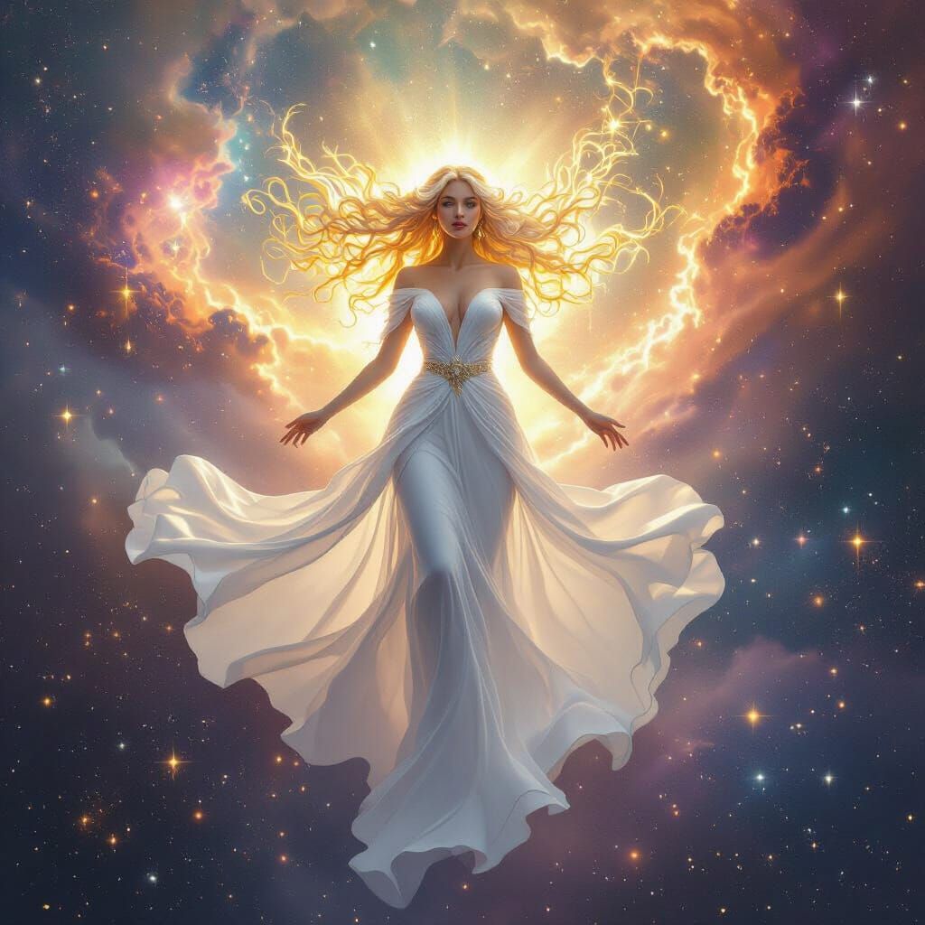 Astral Goddess Descending from Cosmic Nebula