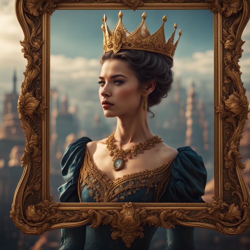 Young Queen in Vintage Frame: Detailed Matte Painting