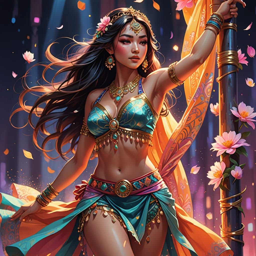 Sensual Belly Dancer in a Whirl of Colorful Petals