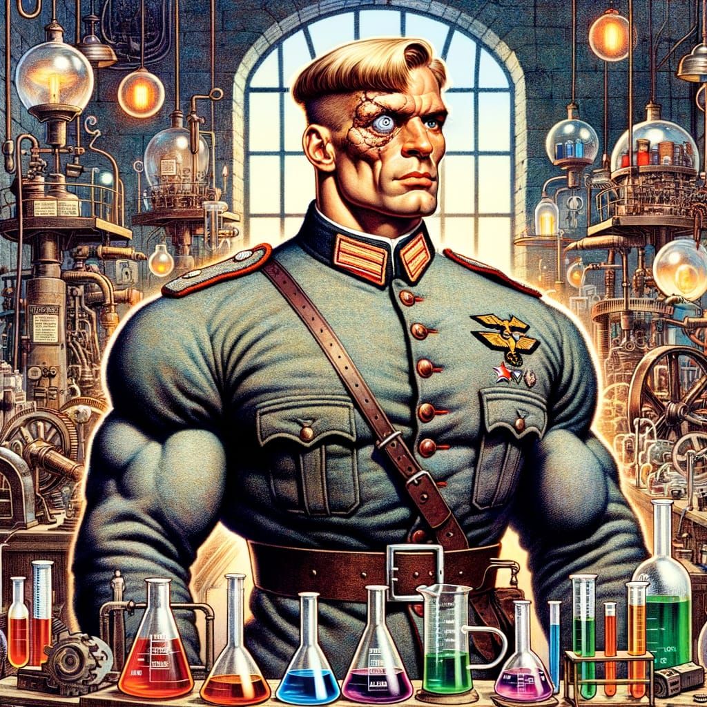 A Muscular Officer Stands Amidst a Mad Scientist's Lab