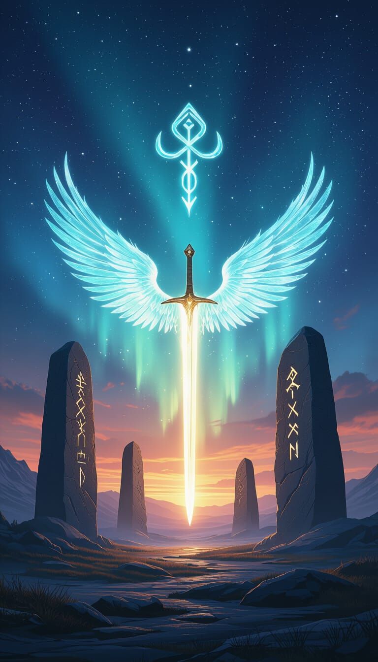Mystic Nordic Dawn with Glowing Runes and Divine Sword