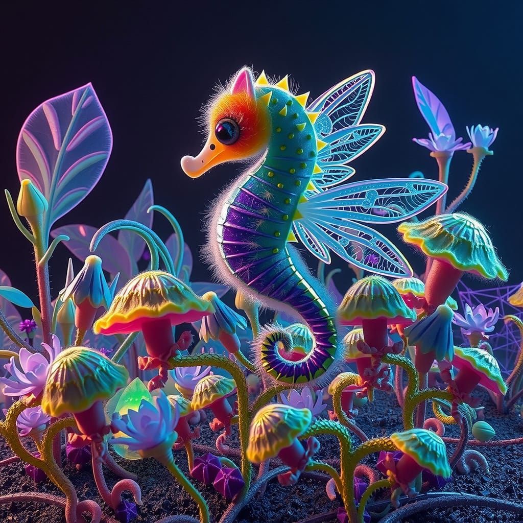 Ethereal, Iridescent Seahorse Perched on Glowing Alien Plant...