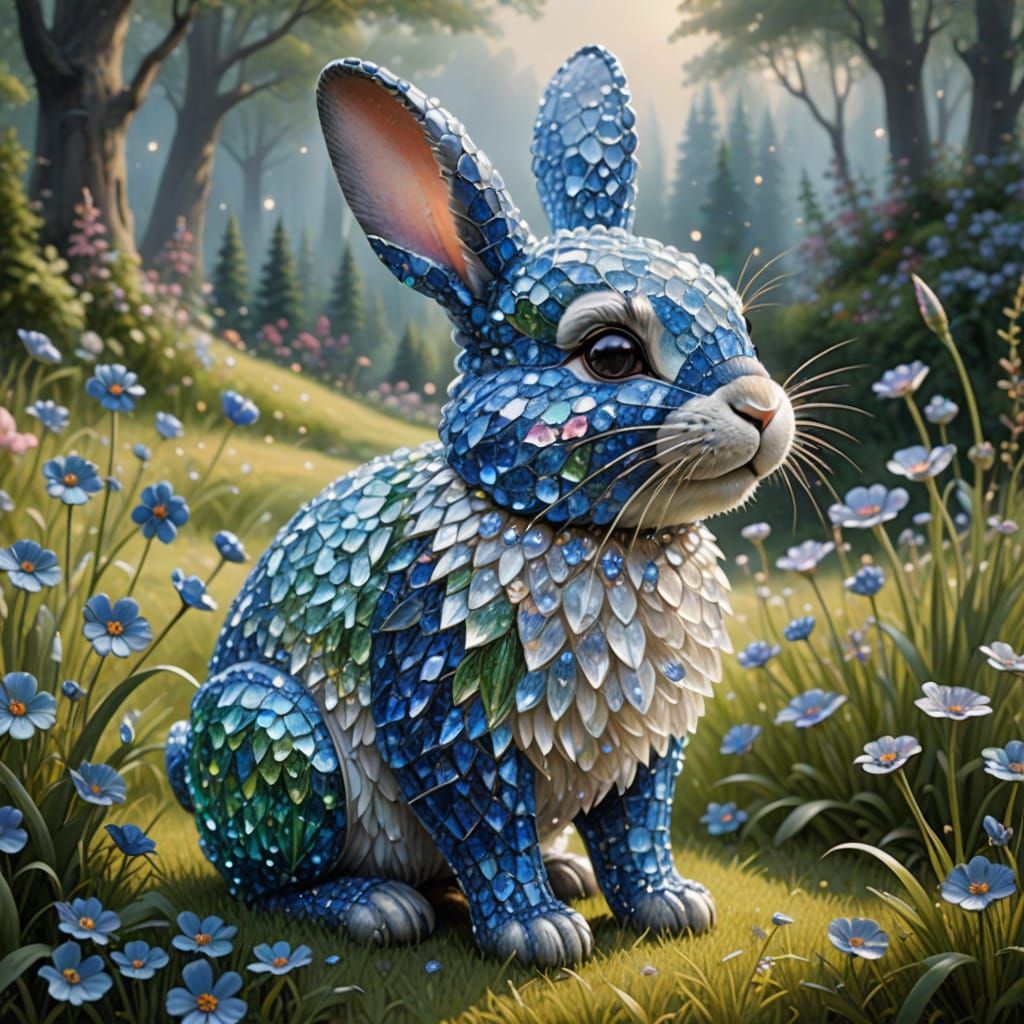 Crystalline Bunny in Sapphire Meadow, Ethereal Fantasy Art