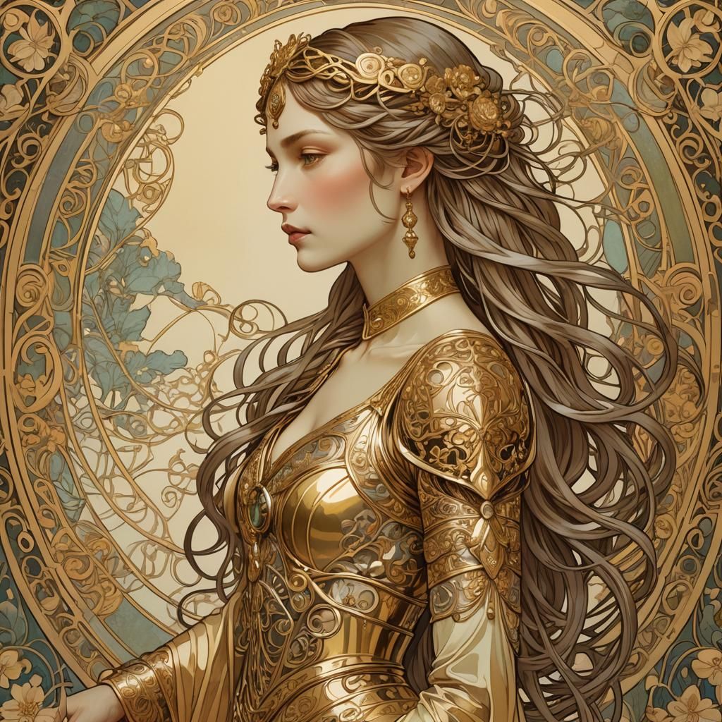 Elegant Woman in Golden Armor, Art Nouveau Style