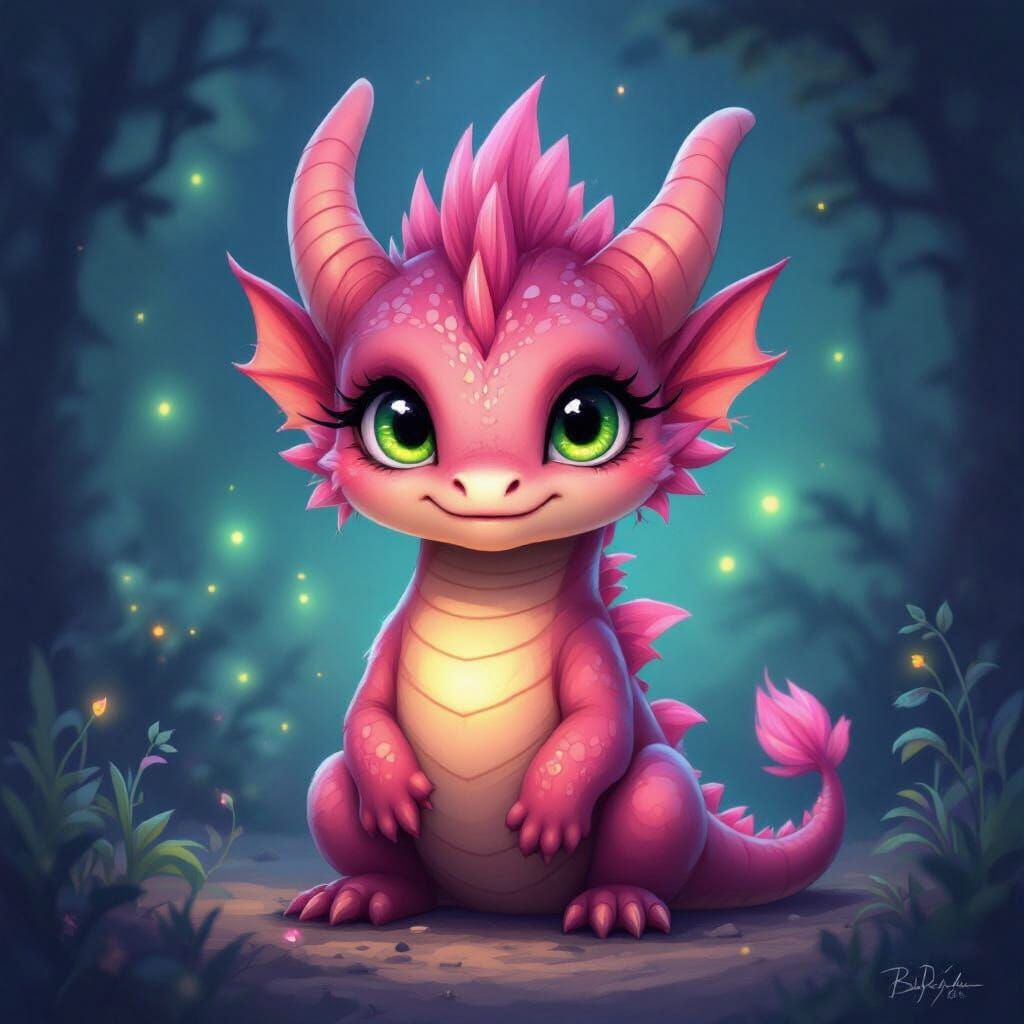 Whimsical Baby Dragon with Pink Feathers and Green Eyes