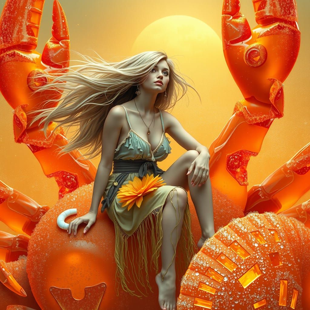 Bohemian Woman Riding Gummy Crab in Soda Sea