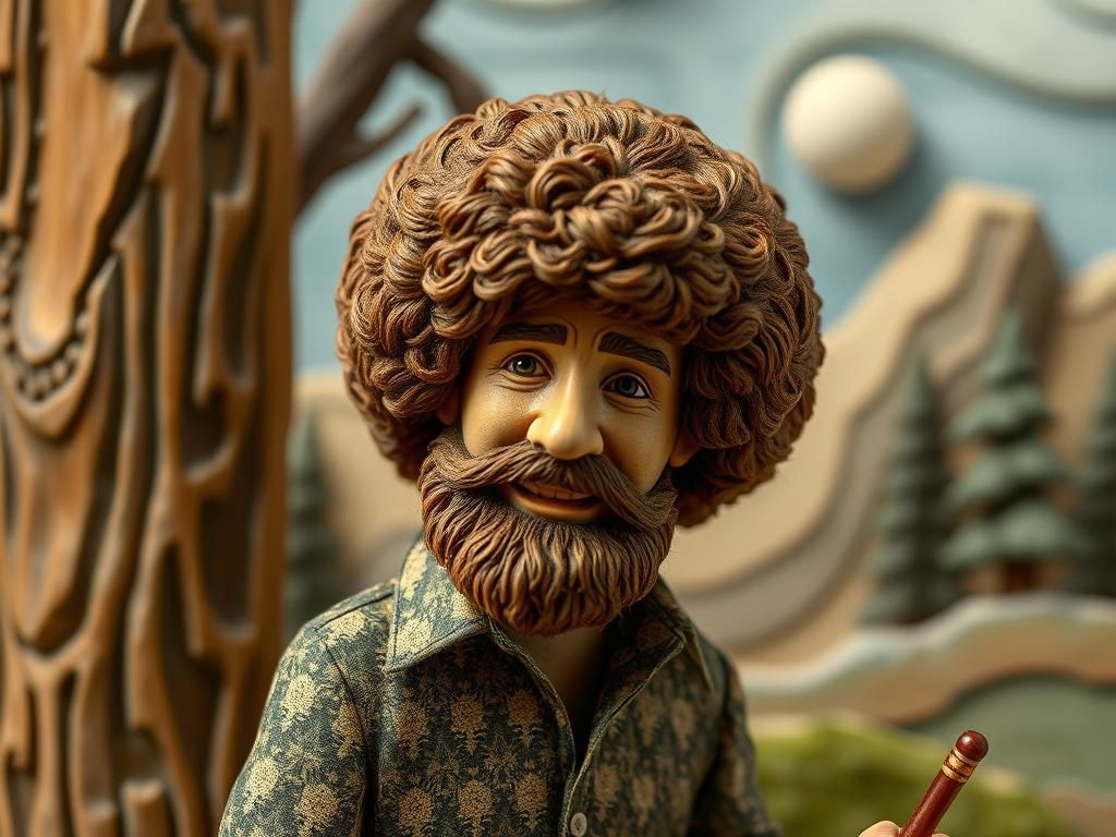 Detailed Wood Carving of Bob Ross Automata