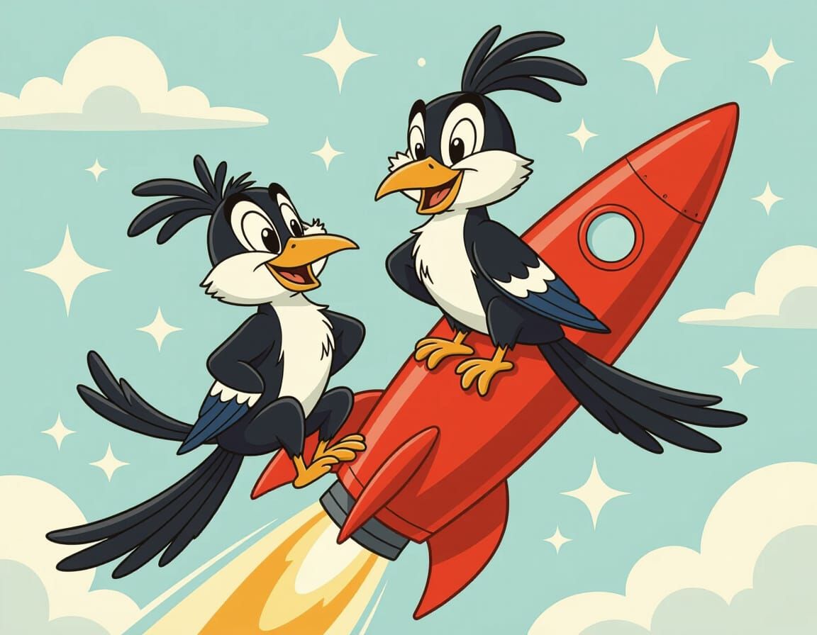 Heckle and Jeckle on a Rocket, in Terrytoons Style