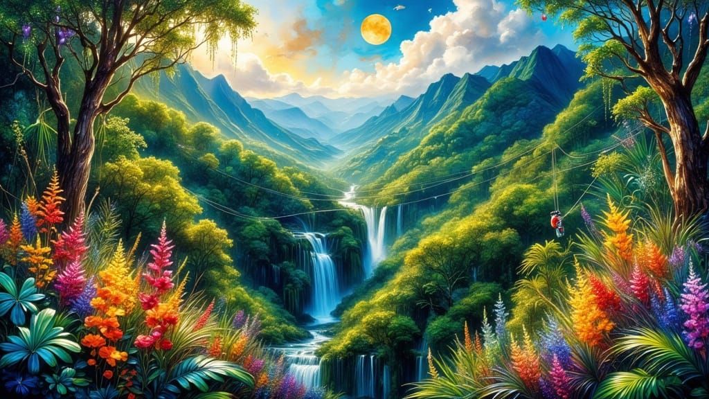 Vibrant Tropical Rainforest Landscape Painting in Impasto St...