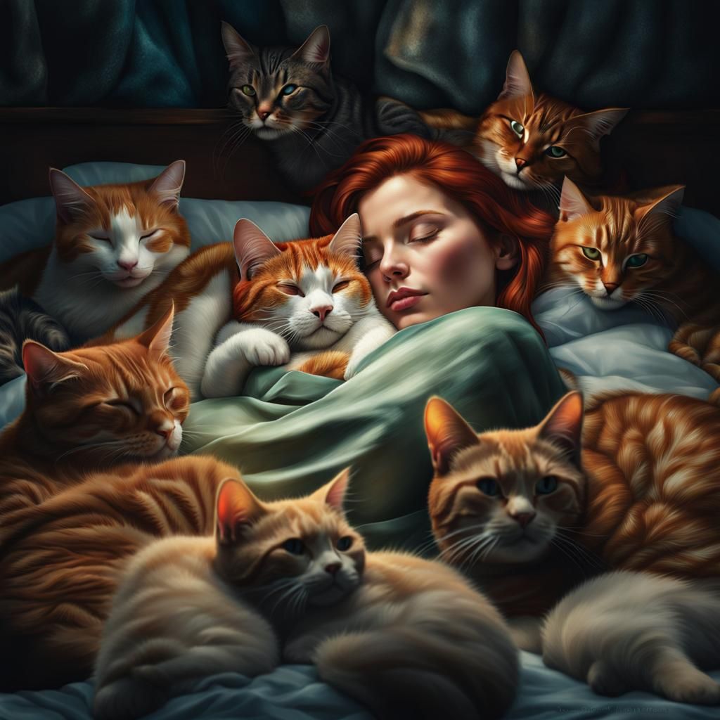 A beautiful photograph of a woman sleeping in her bed surrounded by several beautiful cats.