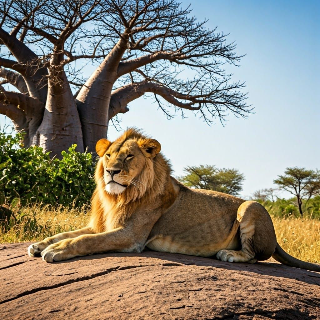 Lion Resting Under Baobab Tree in Africa